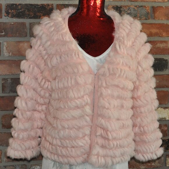 Spanner Fluffy Pastel Pink Corded FUR. Knit Open Cardigan Sweater Jacket L - Picture 1 of 8